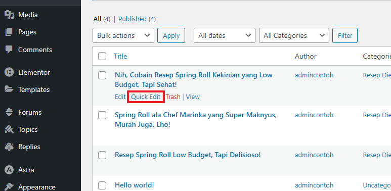 quick edit di wordpress