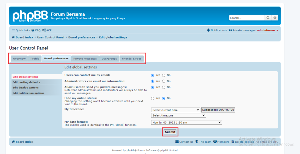 setting user control panel